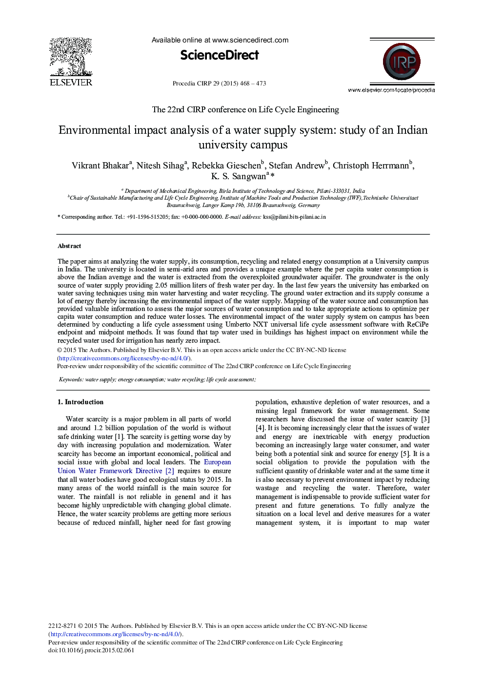 Environmental Impact Analysis of a Water Supply System: Study of an Indian University Campus 