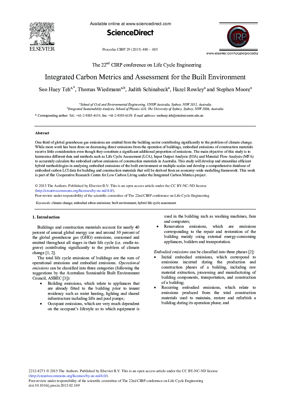 Integrated Carbon Metrics and Assessment for the Built Environment 