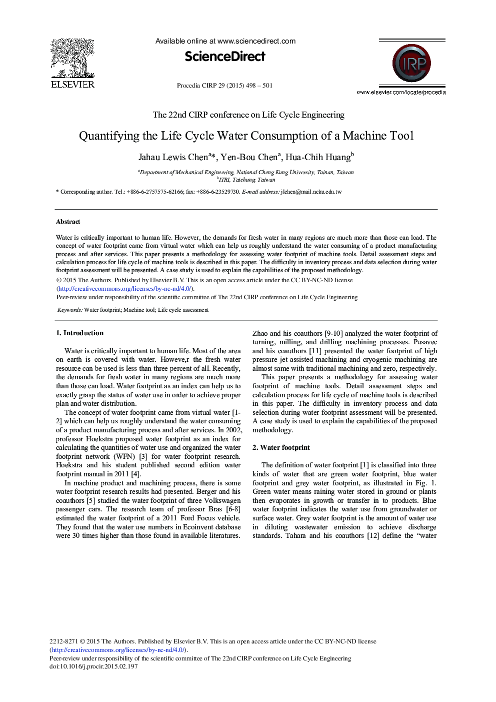 Quantifying the Life Cycle Water Consumption of a Machine Tool 