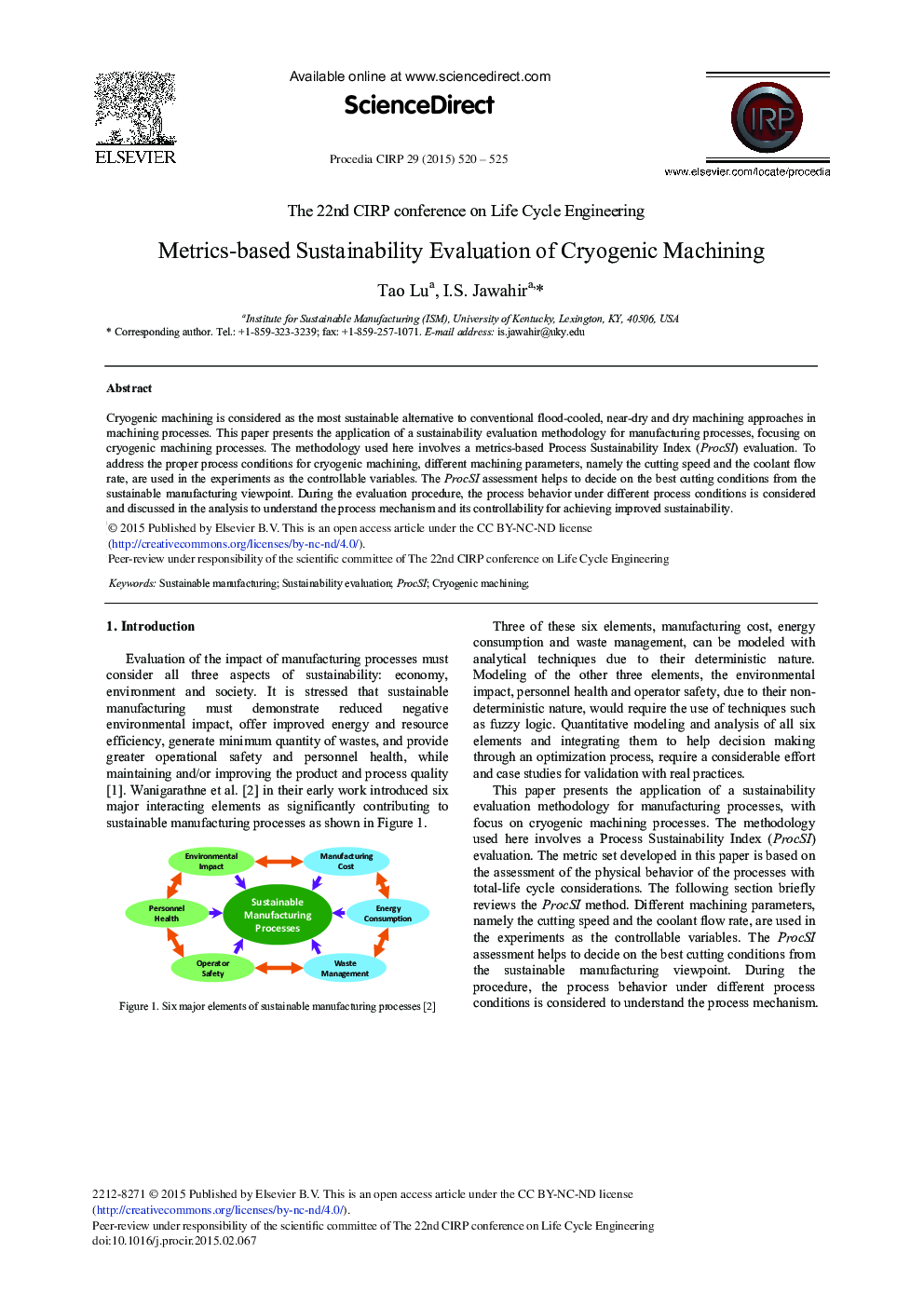 Metrics-based Sustainability Evaluation of Cryogenic Machining 