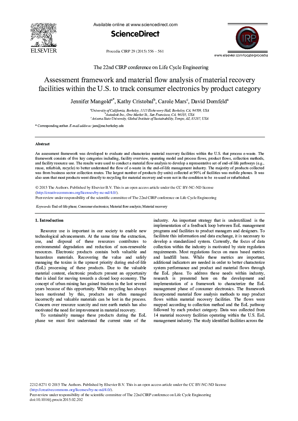 Assessment Framework and Material Flow Analysis of Material Recovery Facilities Within the U.S. to Track Consumer Electronics by Product Category 