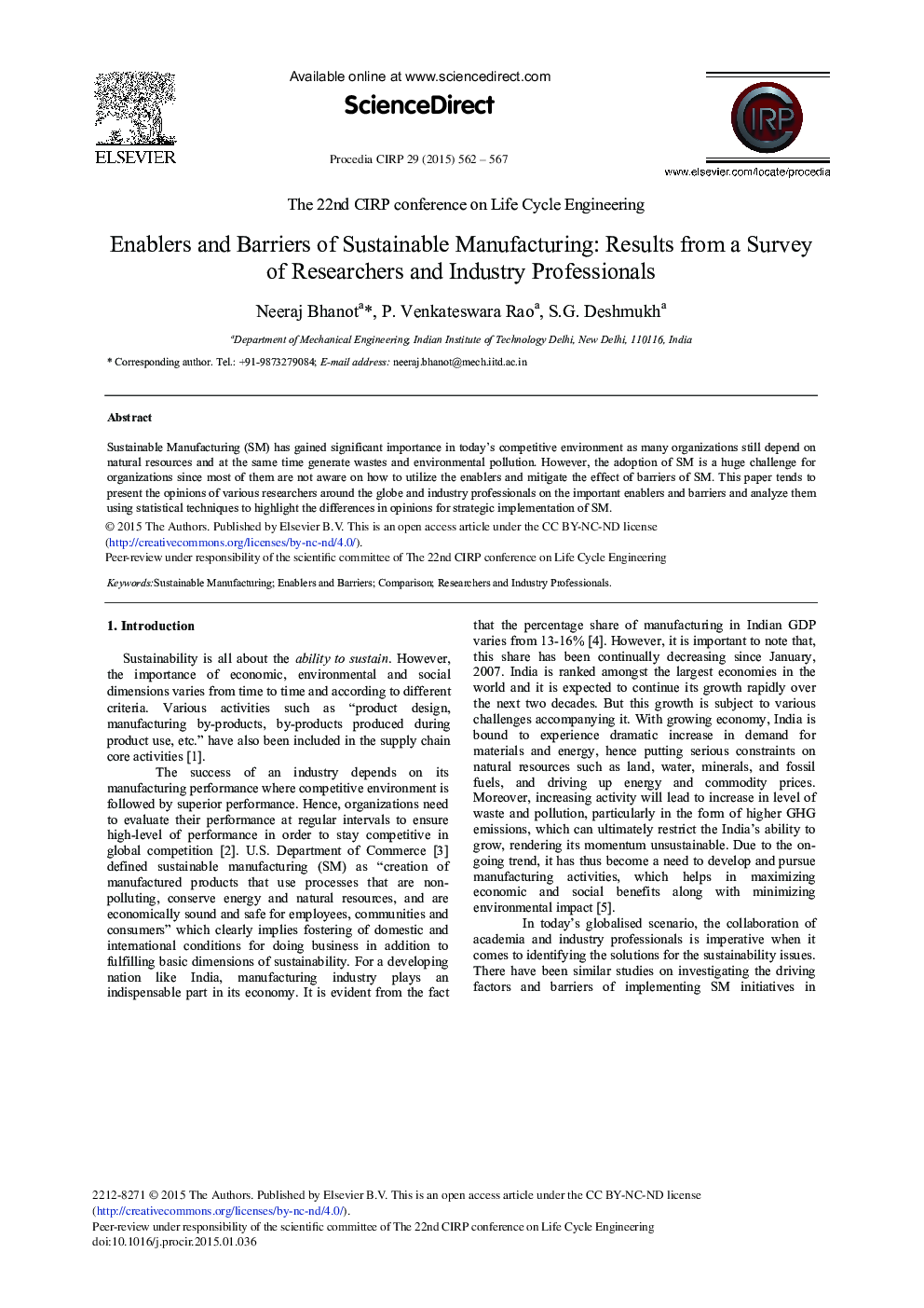 Enablers and Barriers of Sustainable Manufacturing: Results from a Survey of Researchers and Industry Professionals 