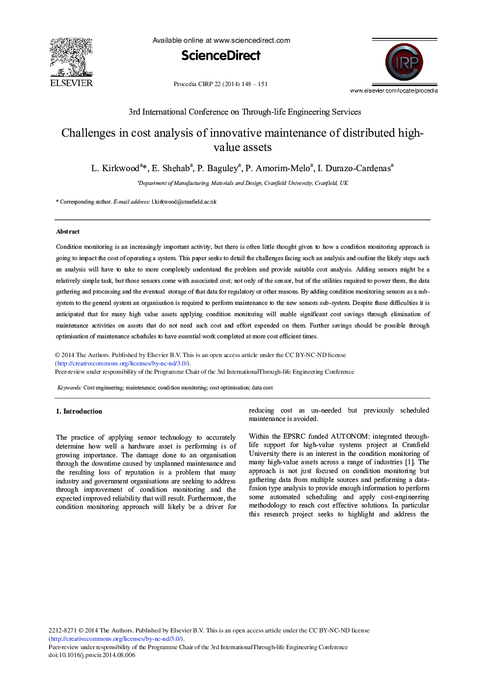 Challenges in Cost Analysis of Innovative Maintenance of Distributed High-value Assets 