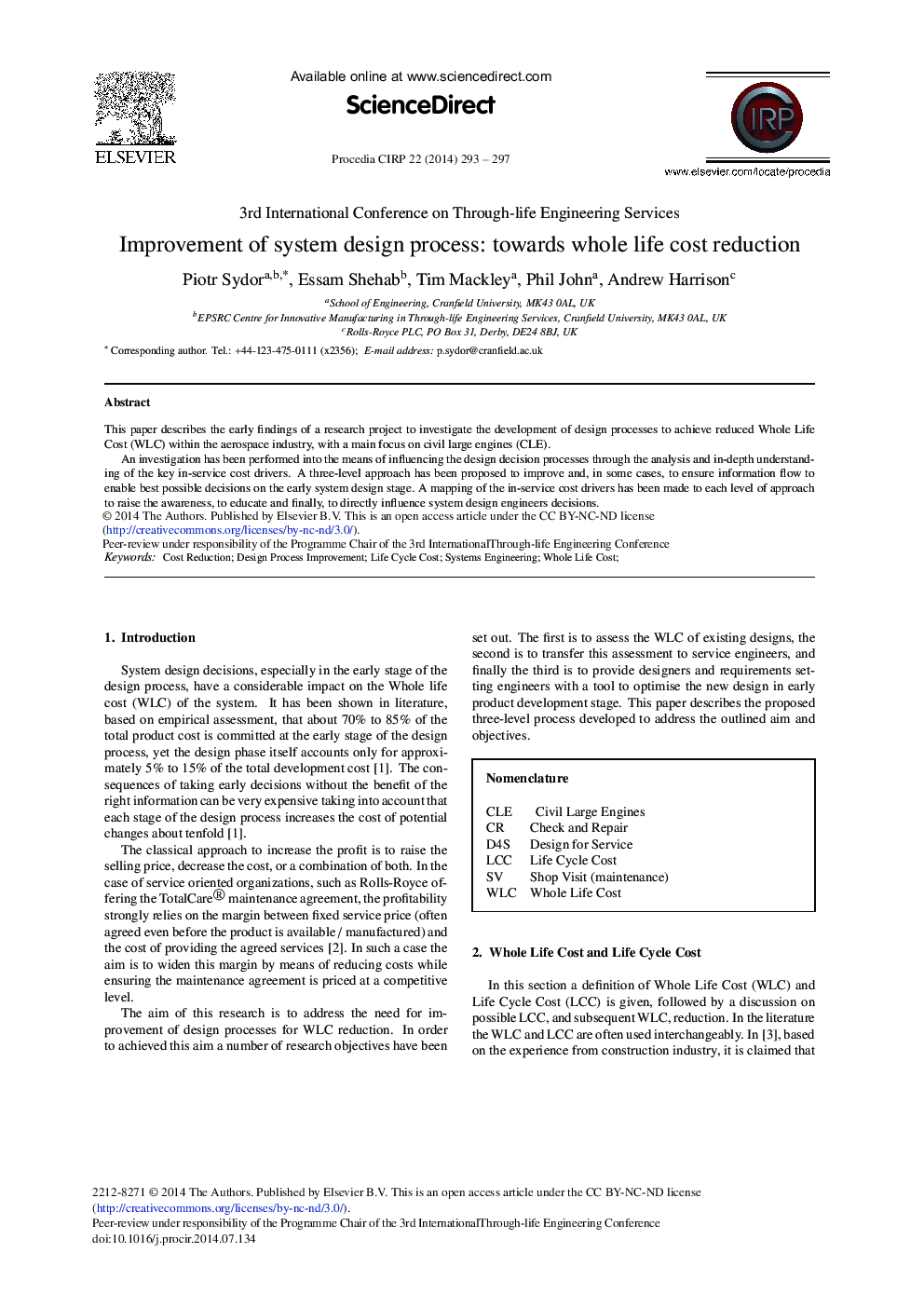 Improvement of System Design Process: Towards Whole Life Cost Reduction 