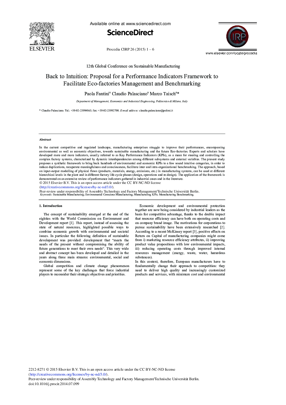 Back to Intuition: Proposal for a Performance Indicators Framework to Facilitate Eco-factories Management and Benchmarking 