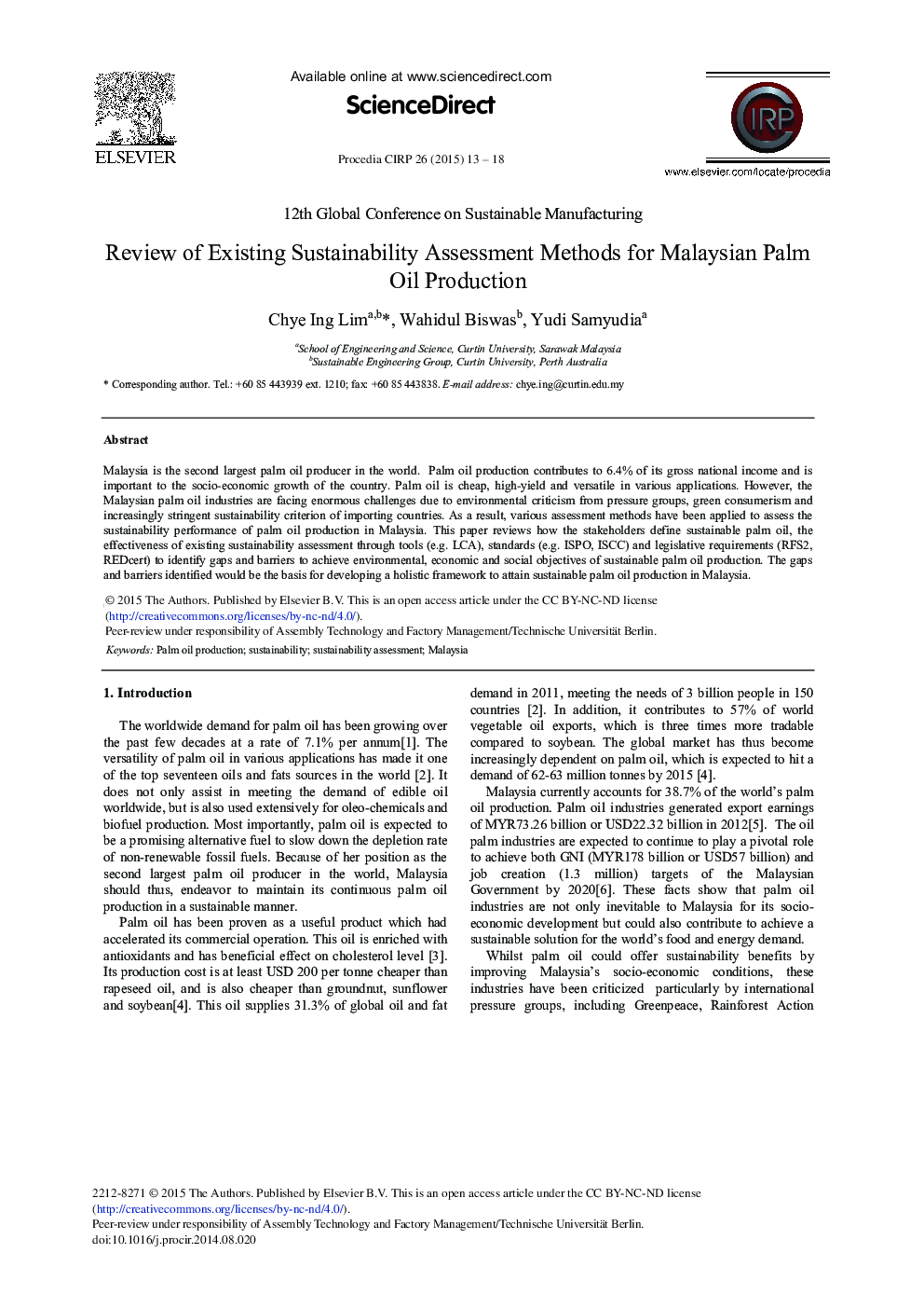 Review of Existing Sustainability Assessment Methods for Malaysian Palm Oil Production 