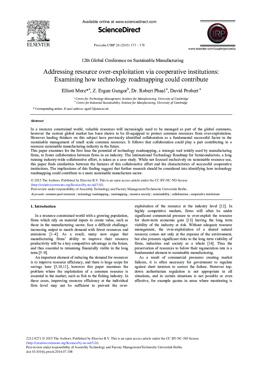 Addressing Resource Over-exploitation Via Cooperative Institutions: Examining How Technology Roadmapping Could Contribute 