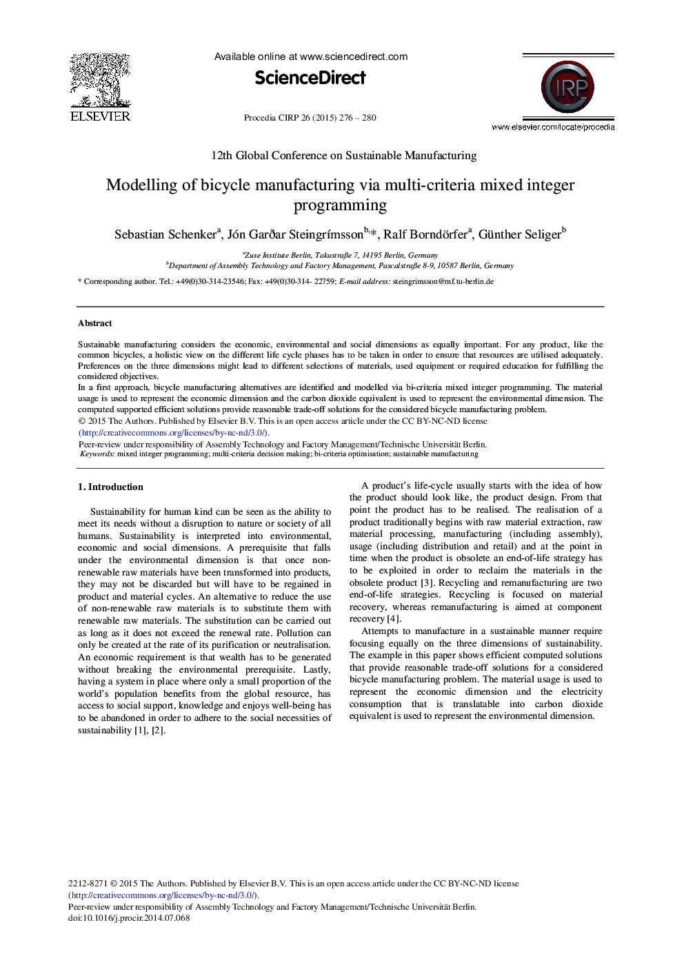 Modelling of Bicycle Manufacturing via Multi-criteria Mixed Integer Programming 