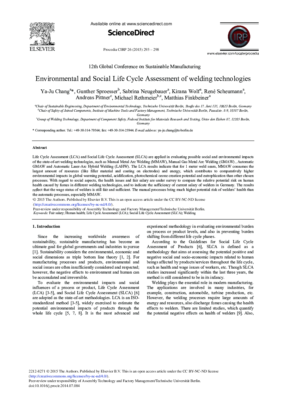 Environmental and Social Life Cycle Assessment of Welding Technologies 