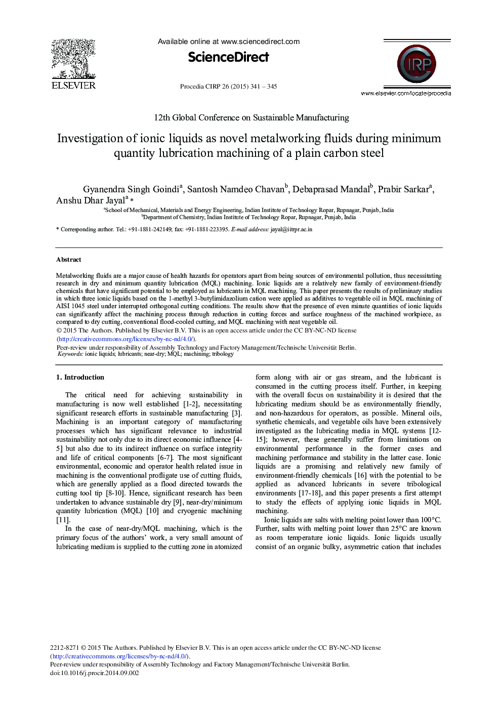 Investigation of Ionic Liquids as Novel Metalworking Fluids during Minimum Quantity Lubrication Machining of a Plain Carbon Steel 