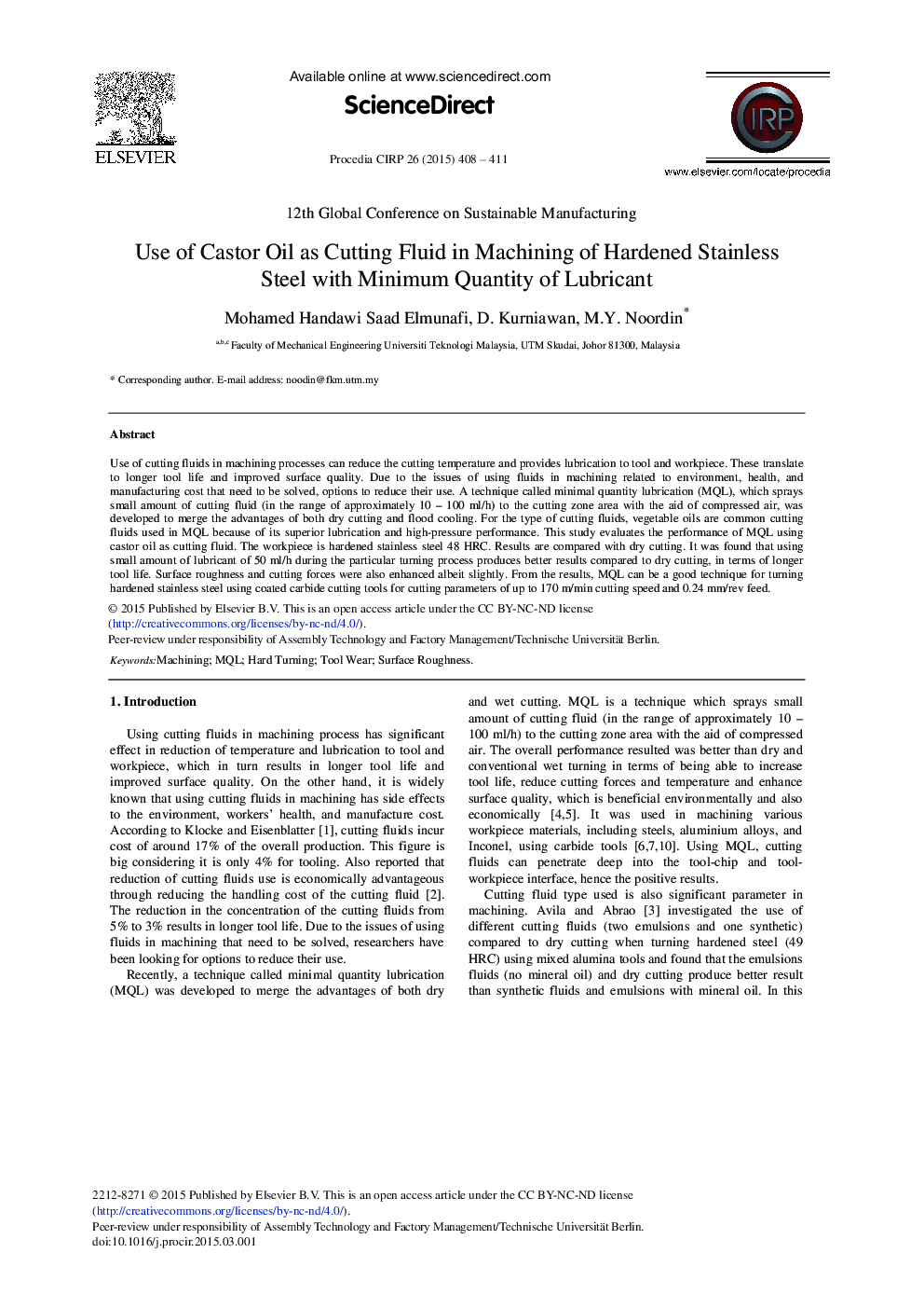 Use of Castor Oil as Cutting Fluid in Machining of Hardened Stainless Steel with Minimum Quantity of Lubricant 