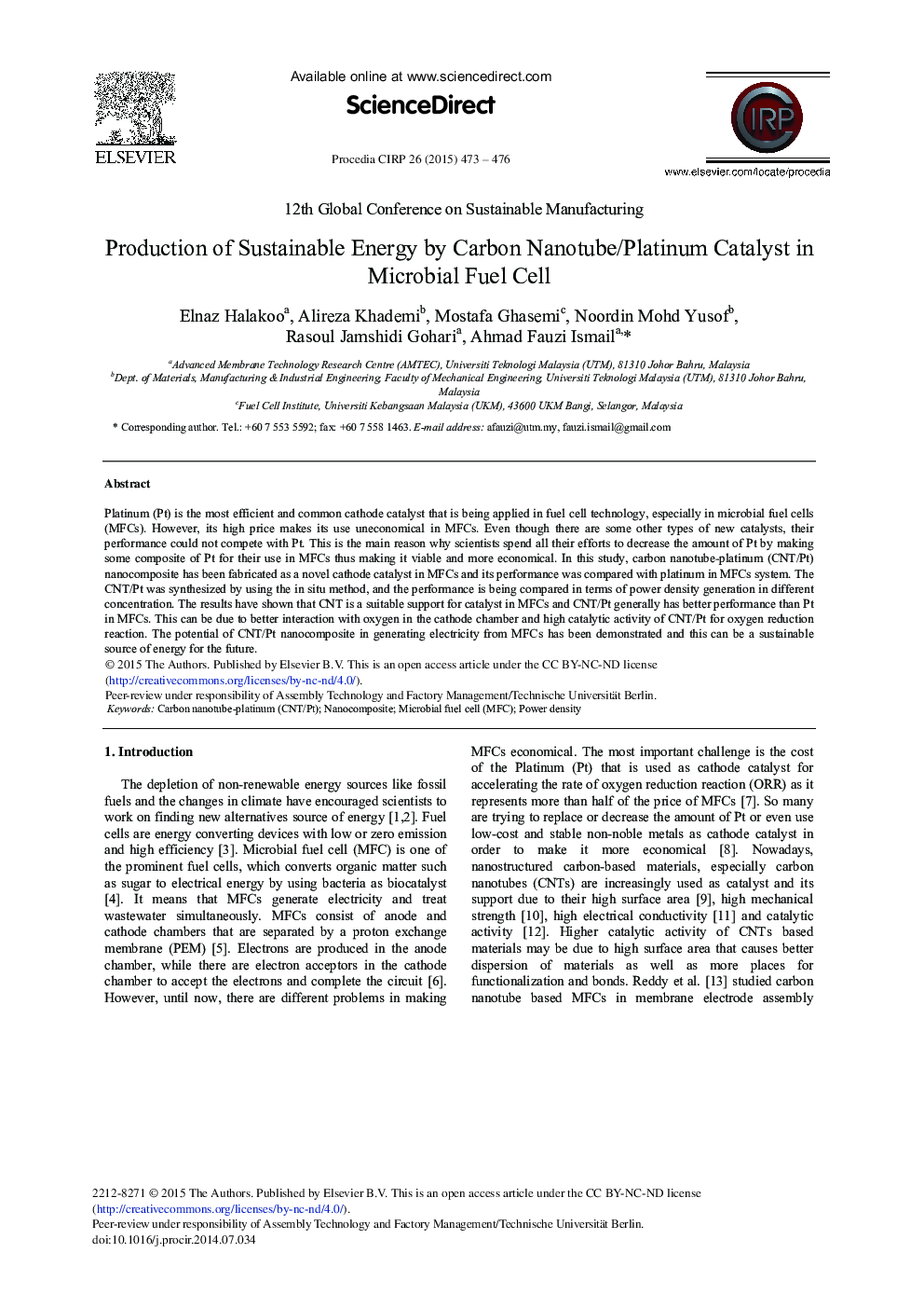 Production of Sustainable Energy by Carbon Nanotube/Platinum Catalyst in Microbial Fuel Cell 