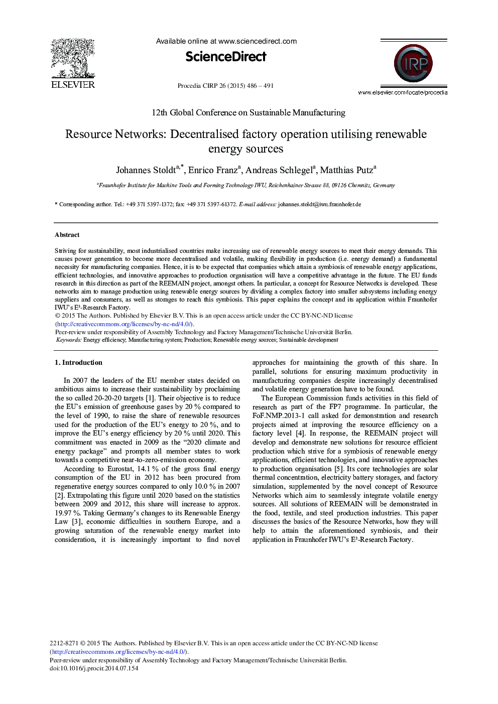 Resource Networks: Decentralised Factory Operation Utilising Renewable Energy Sources 