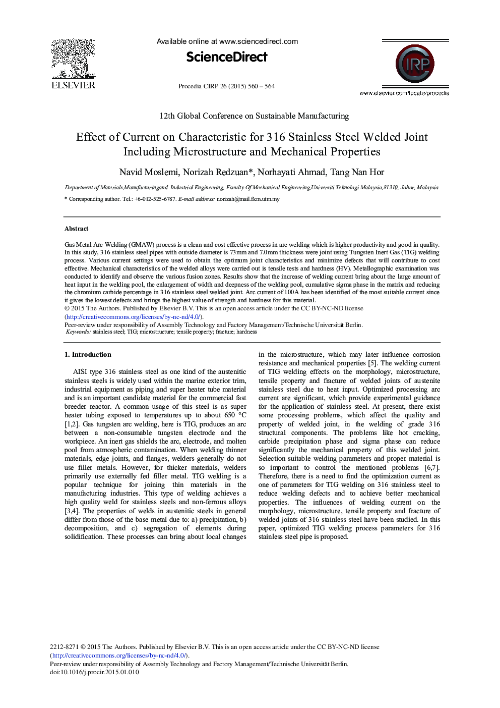 Effect of Current on Characteristic for 316 Stainless Steel Welded Joint Including Microstructure and Mechanical Properties 