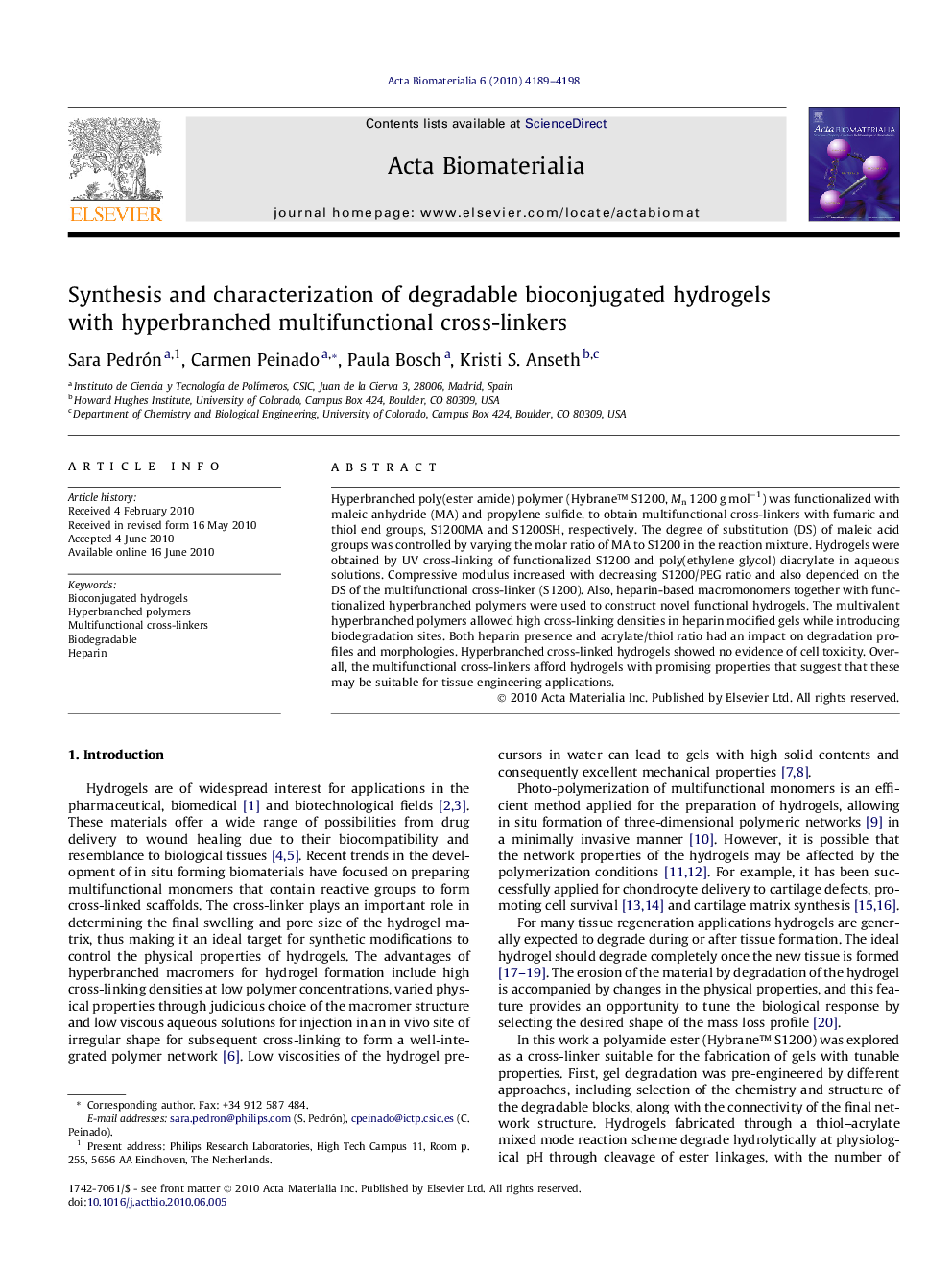 Synthesis and characterization of degradable bioconjugated hydrogels with hyperbranched multifunctional cross-linkers