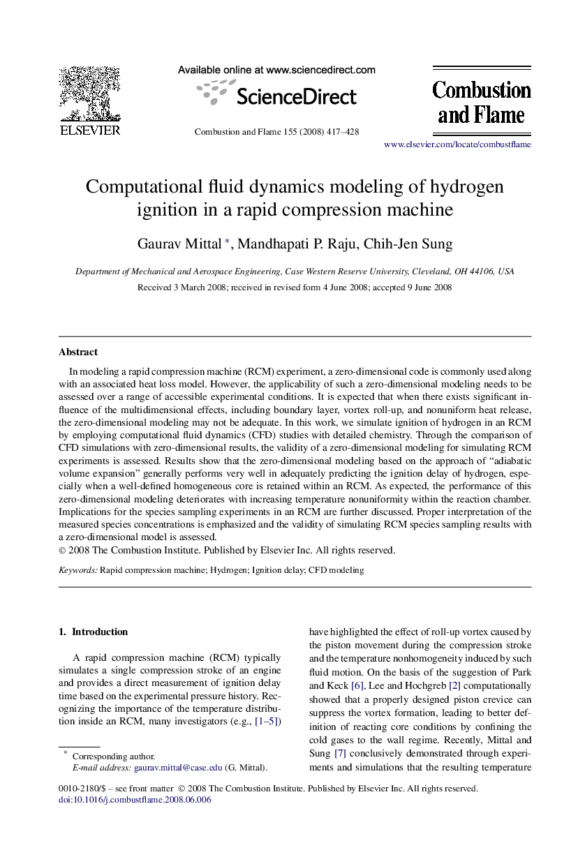 Computational fluid dynamics modeling of hydrogen ignition in a rapid compression machine