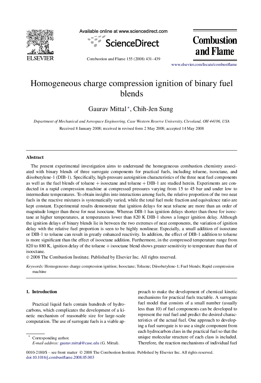 Homogeneous charge compression ignition of binary fuel blends