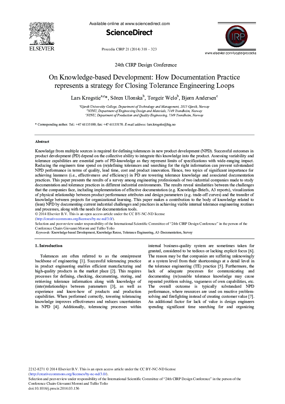 On Knowledge-based Development: How Documentation Practice Represents a Strategy for Closing Tolerance Engineering Loops 