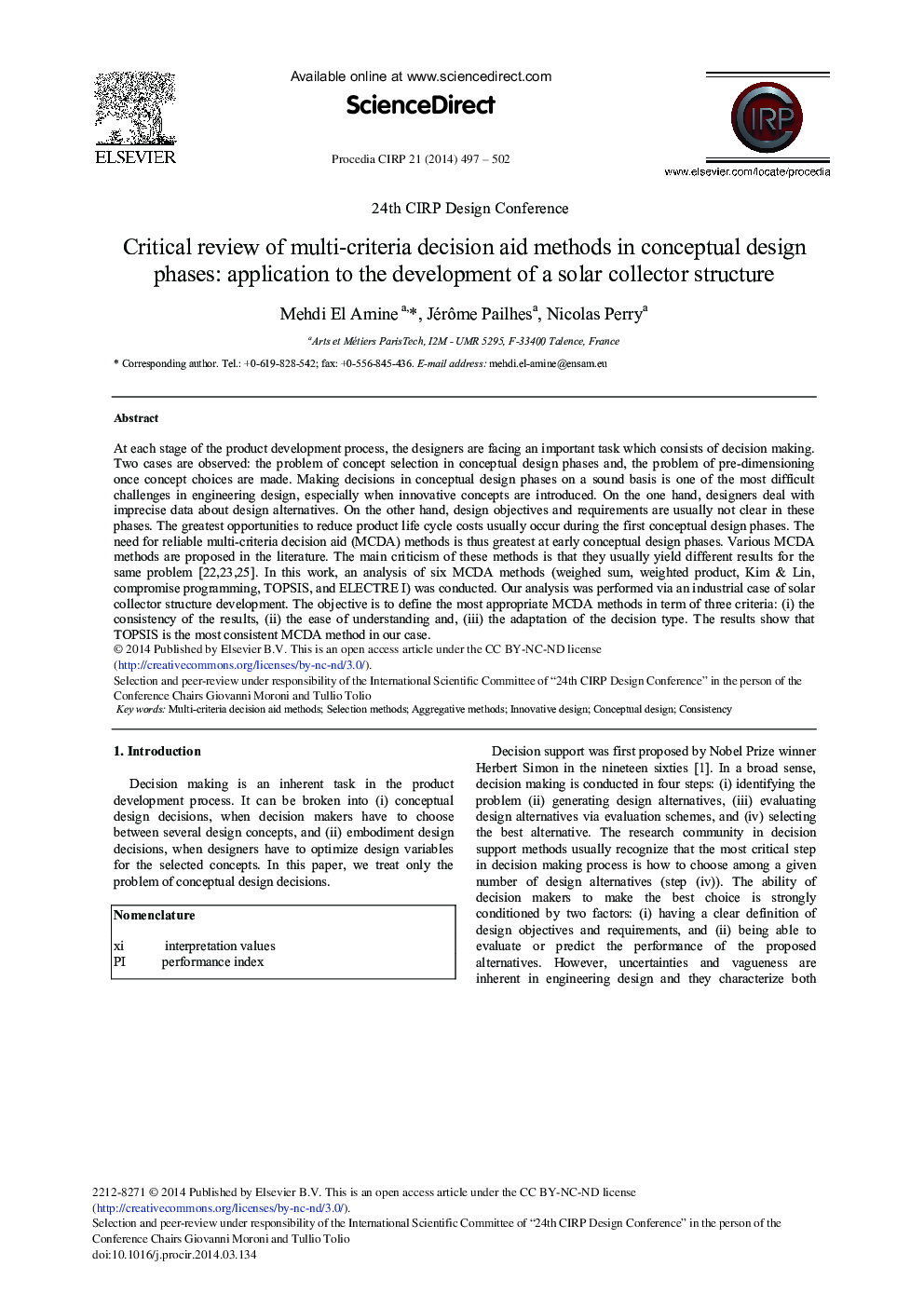 Critical Review of Multi-criteria Decision Aid Methods in Conceptual Design Phases: Application to the Development of a Solar Collector Structure 