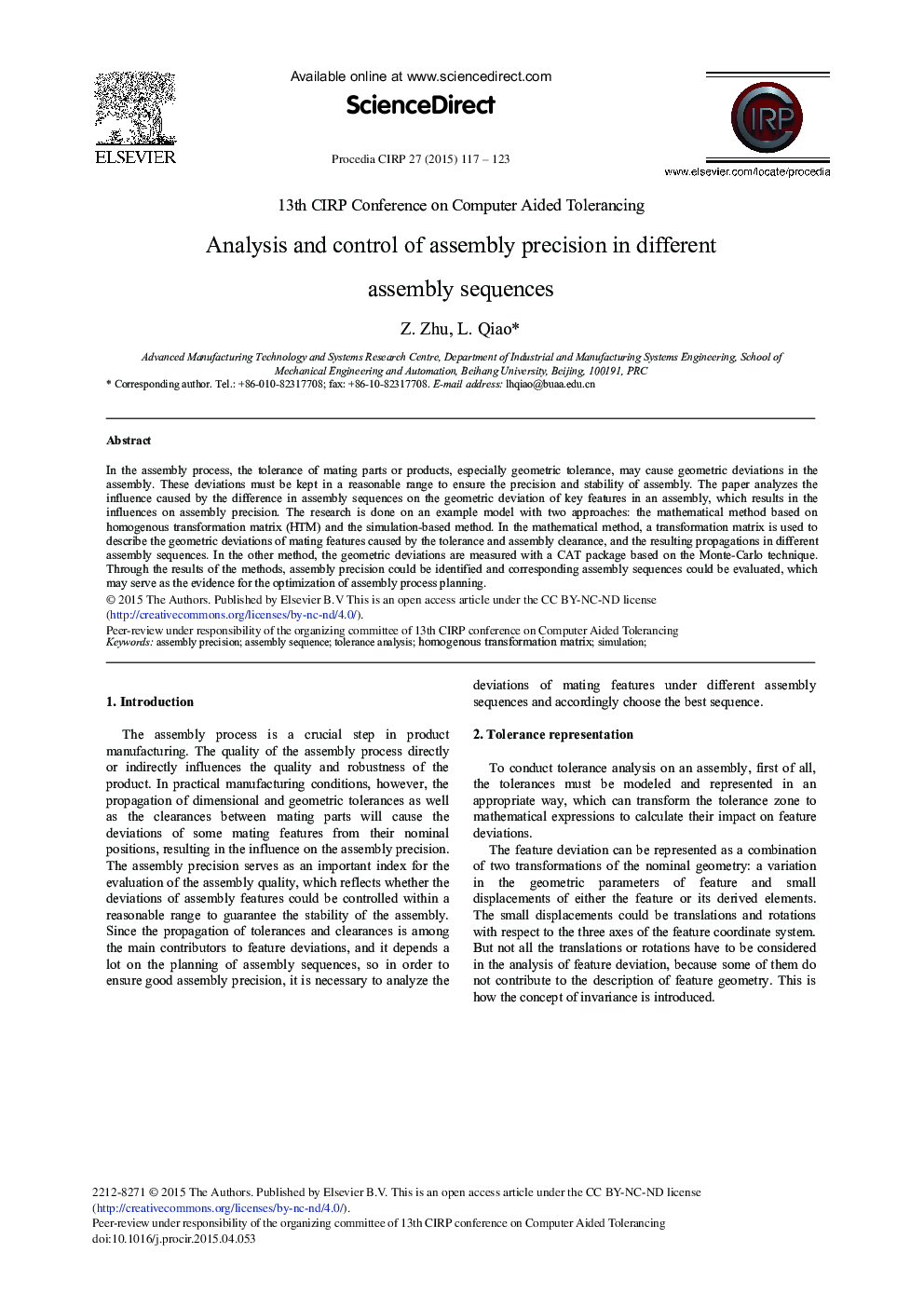 Analysis and Control of Assembly Precision in Different Assembly Sequences 