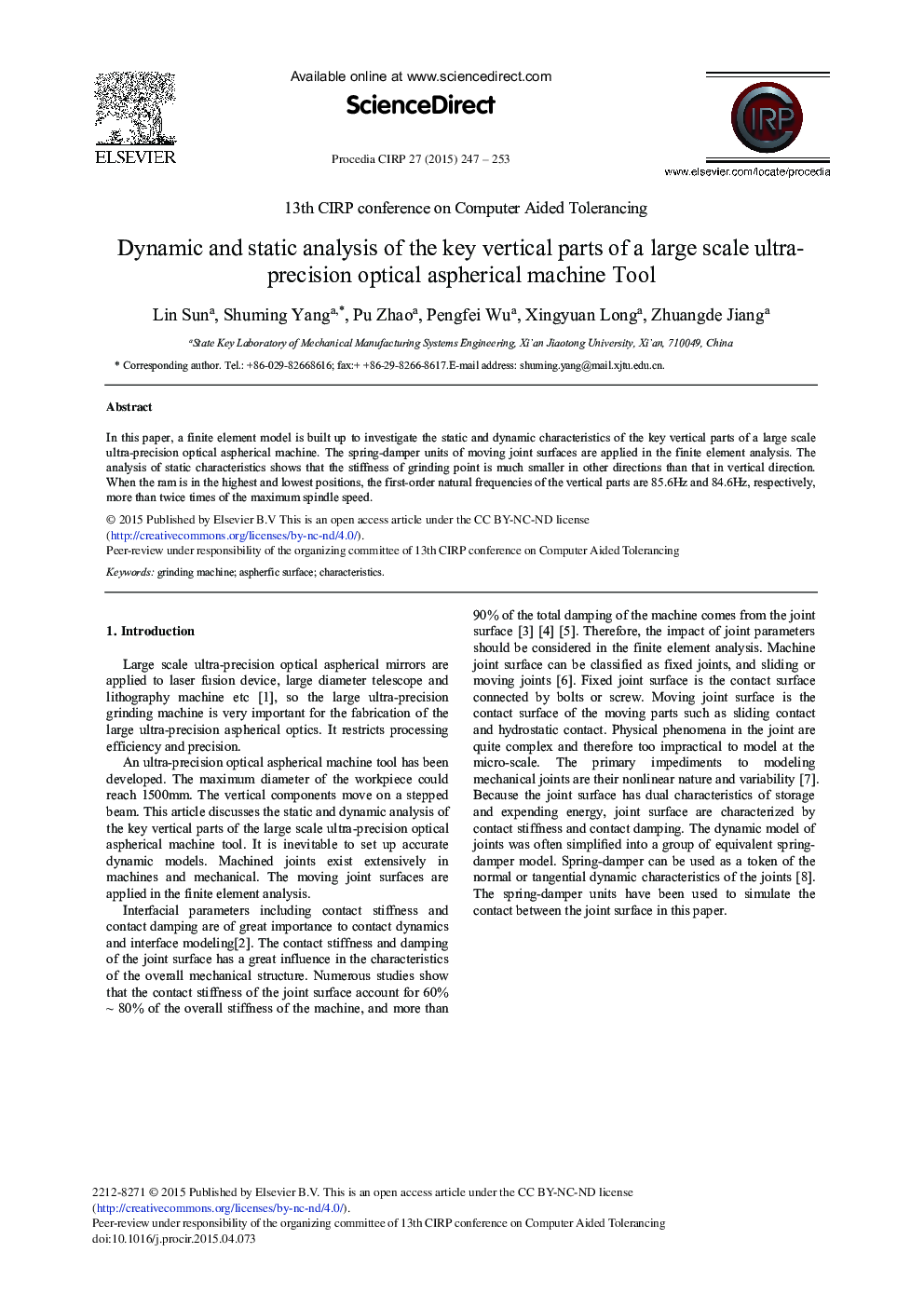 Dynamic and Static Analysis of the Key Vertical Parts of a Large Scale Ultra-precision Optical Aspherical Machine Tool 