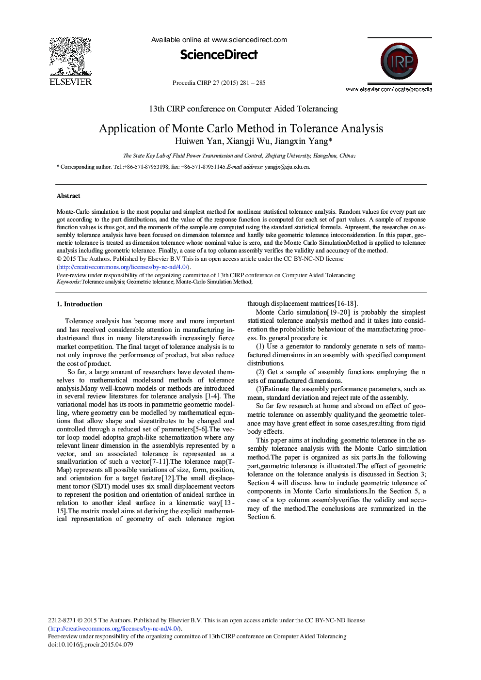 Application of Monte Carlo Method in Tolerance Analysis 