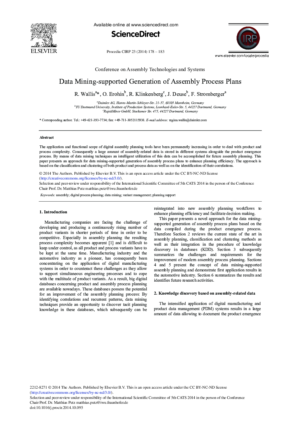 Data Mining-supported Generation of Assembly Process Plans 