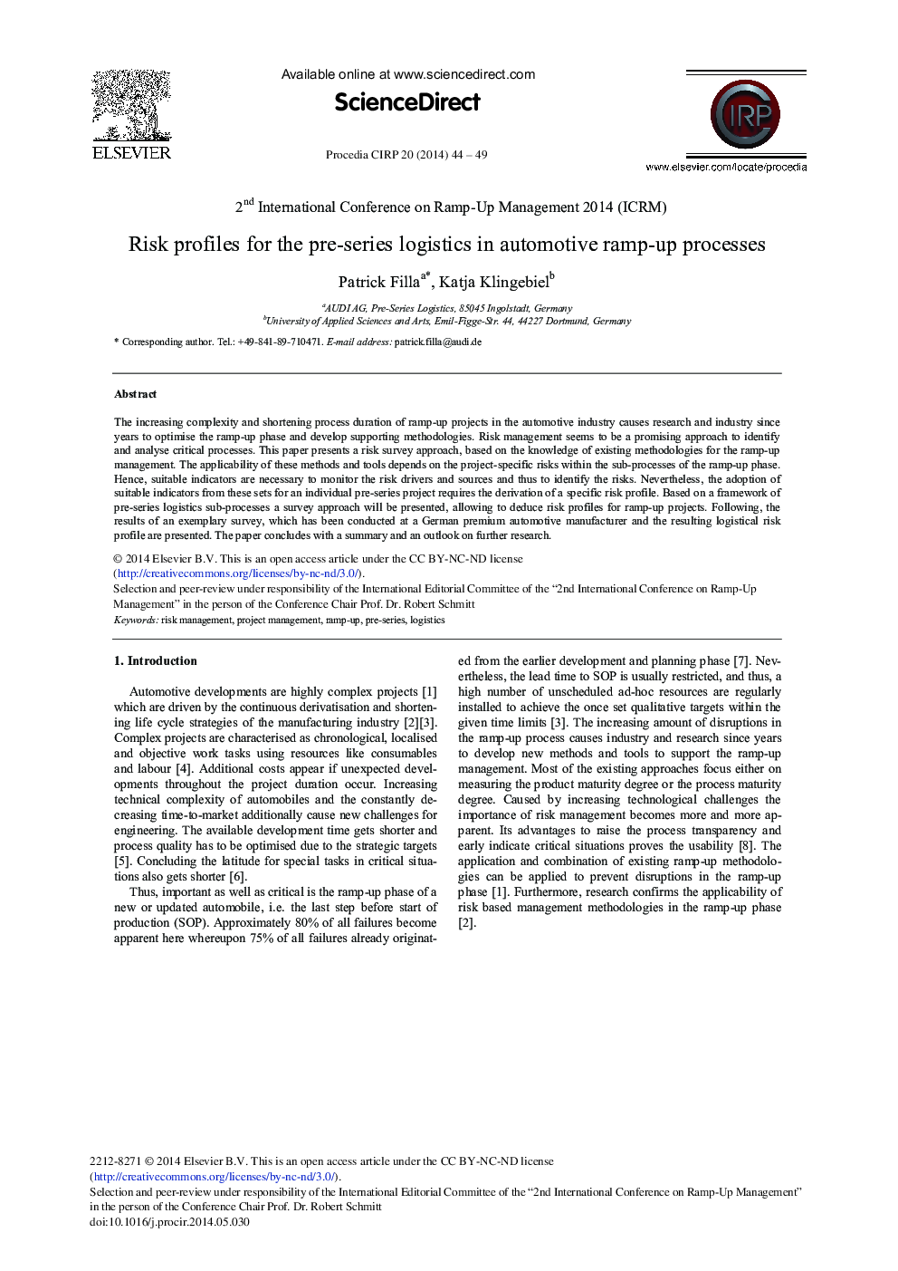 Risk Profiles for the Pre-series Logistics in Automotive Ramp-up Processes 