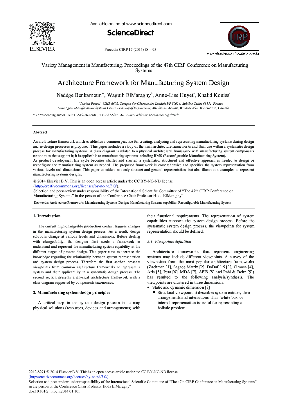 Architecture Framework for Manufacturing System Design 