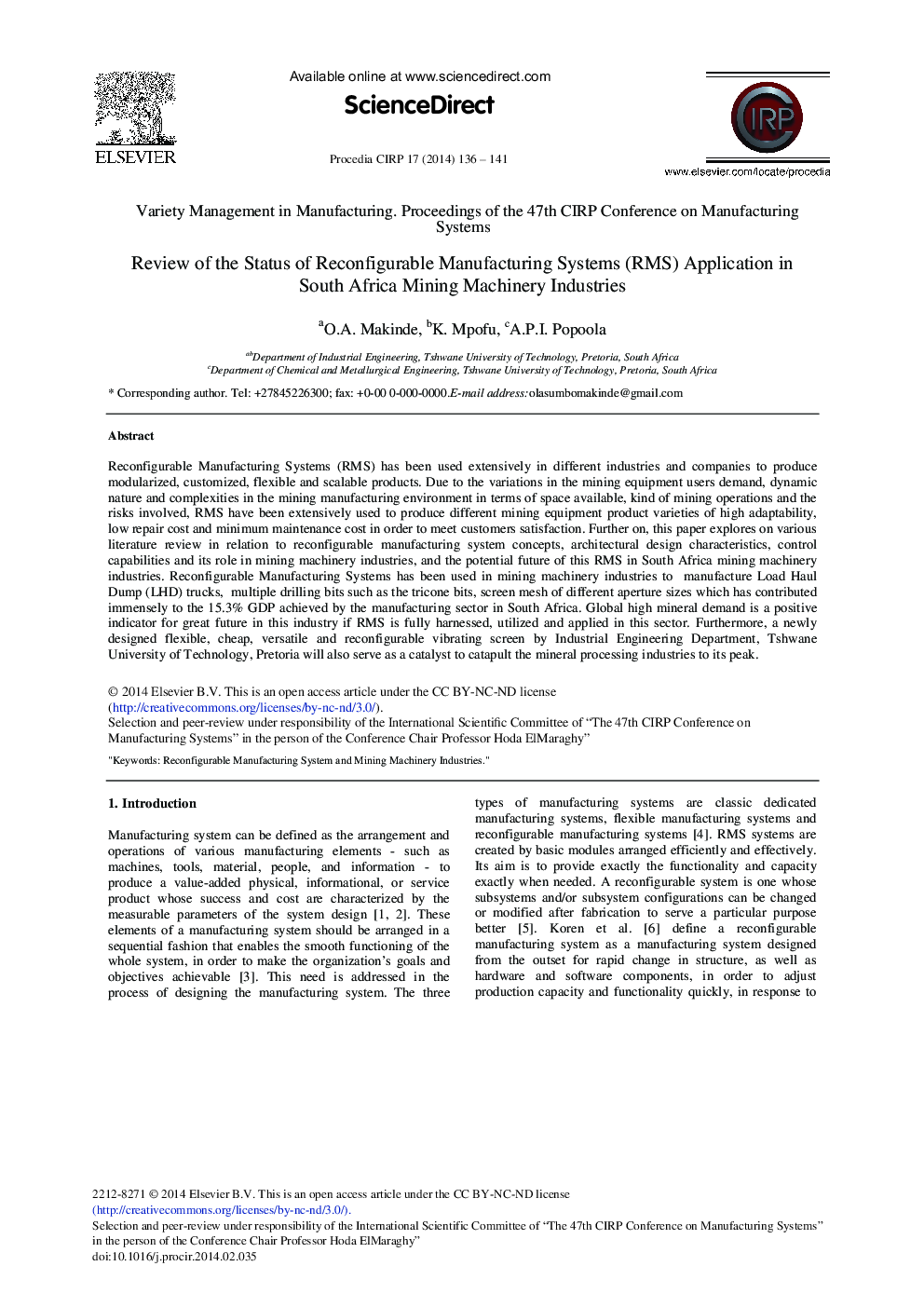 Review of the Status of Reconfigurable Manufacturing Systems (RMS) Application in South Africa Mining Machinery Industries 