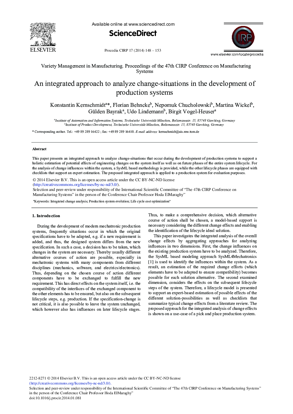 عکس صفحه اول مقاله: An Integrated Approach to Analyze Change-situations in the Development of Production Systems An Integrated Approach to Analyze Change-situations in the Development of Production Systems