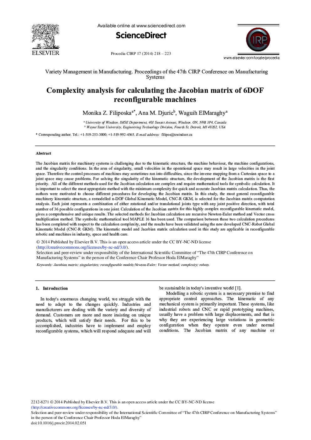 Complexity Analysis for Calculating the Jacobian Matrix of 6DOF Reconfigurable Machines 