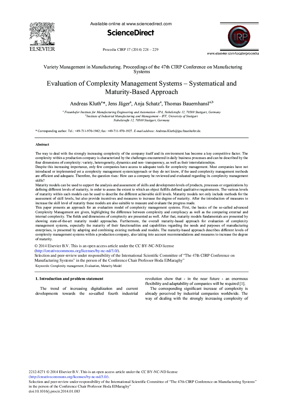 Evaluation of Complexity Management Systems – Systematical and Maturity-based Approach 