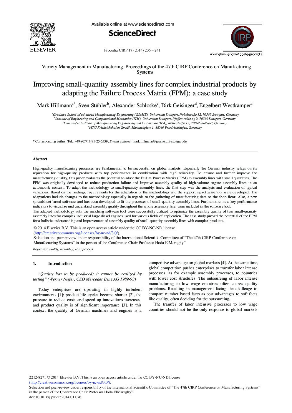 Improving Small-quantity Assembly Lines for Complex Industrial Products by Adapting the Failure Process Matrix (FPM): A Case Study 