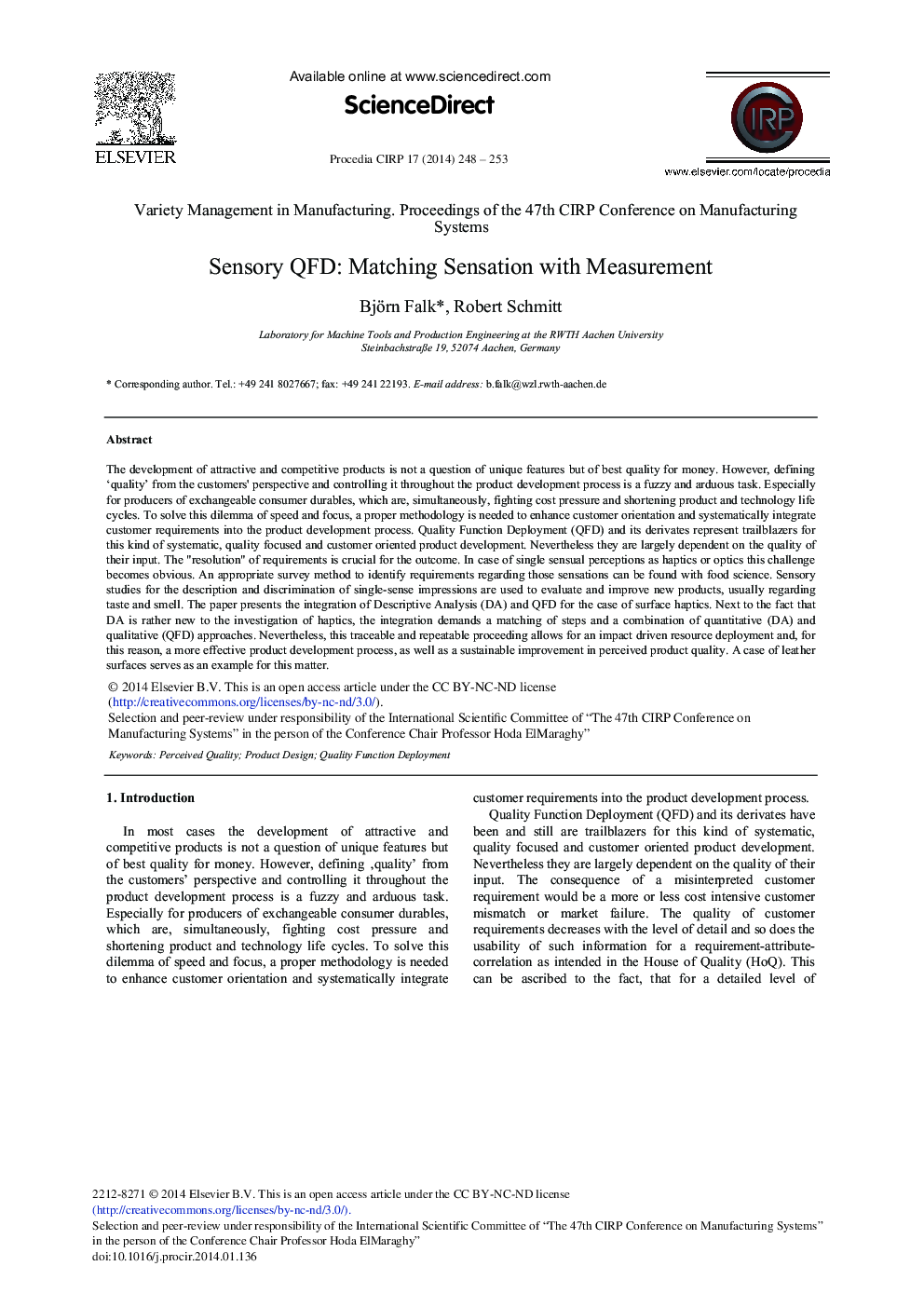 Sensory QFD: Matching Sensation with Measurement 