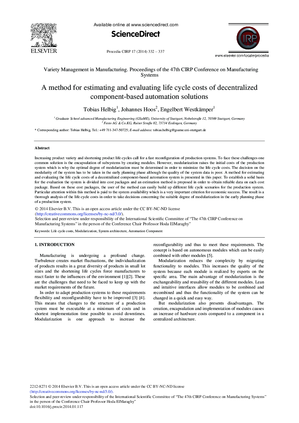 A Method for Estimating and Evaluating Life Cycle Costs of Decentralized Component-based Automation Solutions 