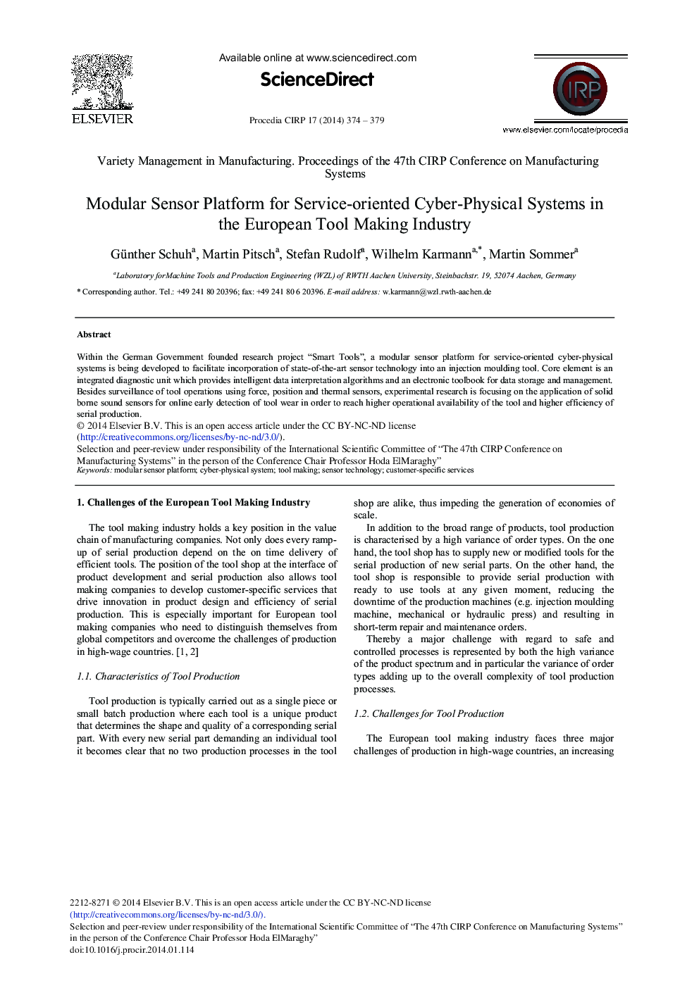 Modular Sensor Platform for Service-oriented Cyber-Physical Systems in the European Tool Making Industry 