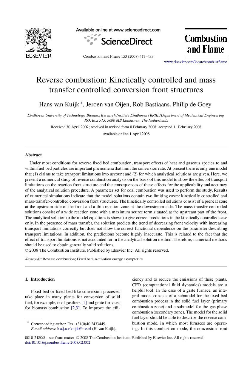 Reverse combustion: Kinetically controlled and mass transfer controlled conversion front structures