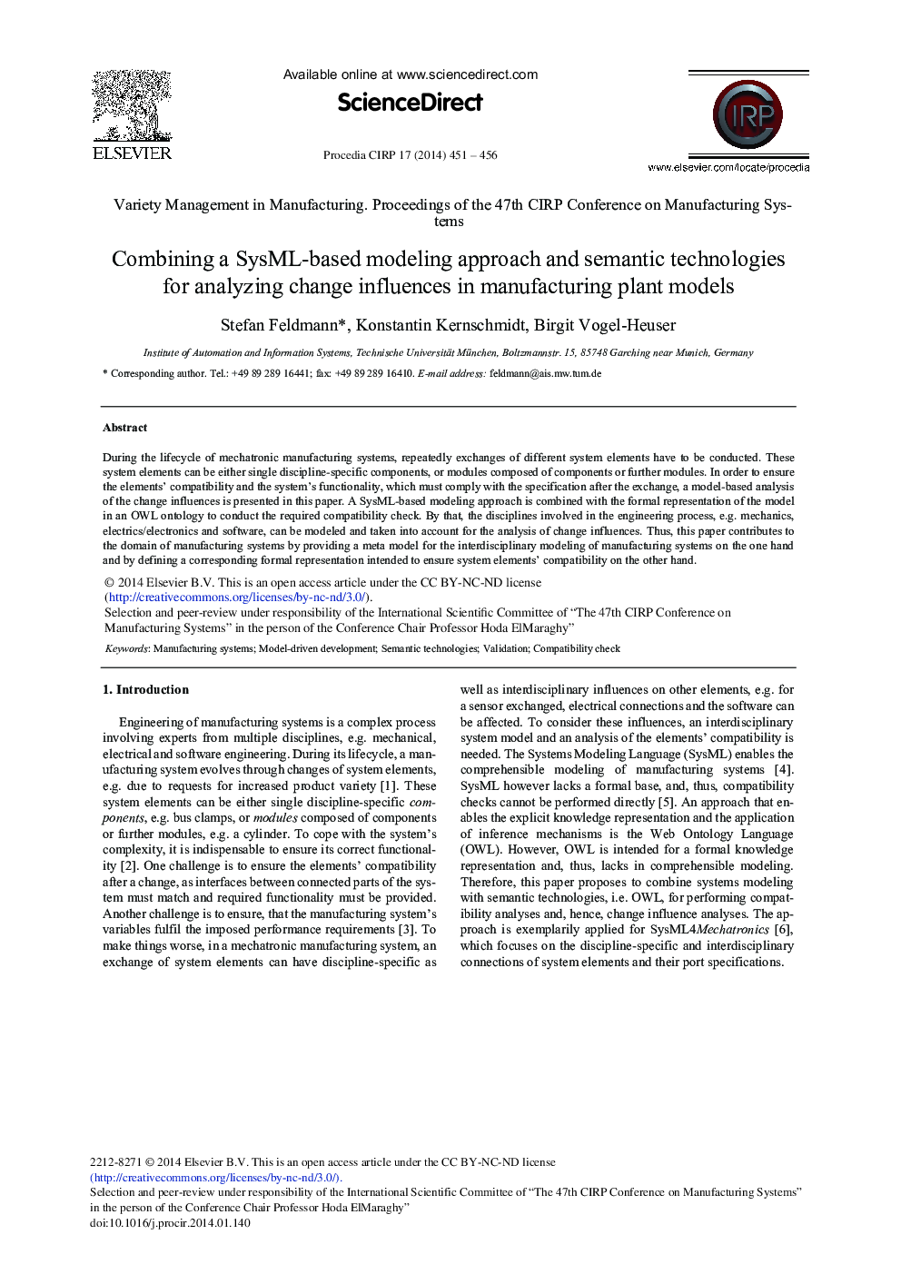 Combining a SysML-based Modeling Approach and Semantic Technologies for Analyzing Change Influences in Manufacturing Plant Models 