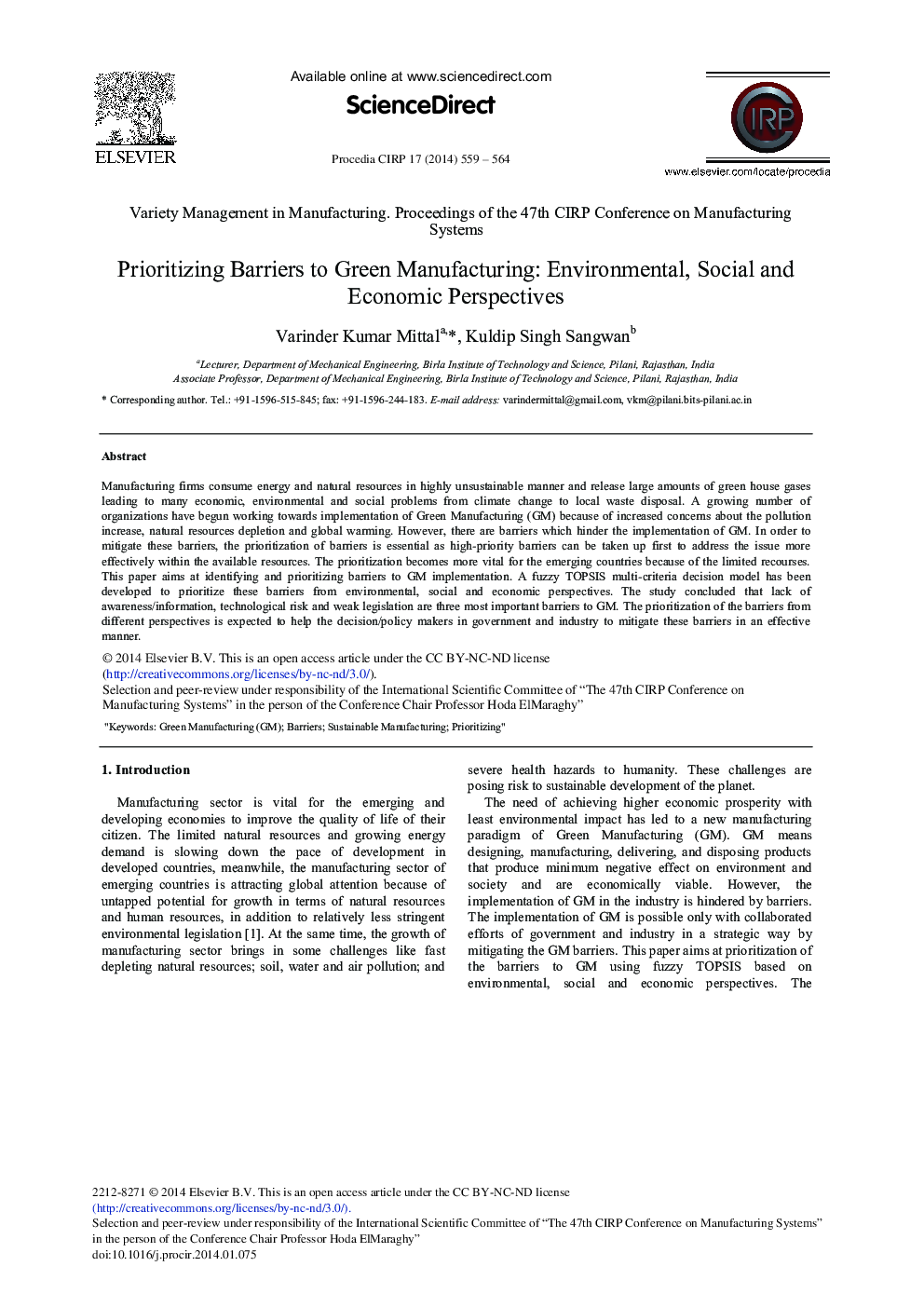 Prioritizing Barriers to Green Manufacturing: Environmental, Social and Economic Perspectives 