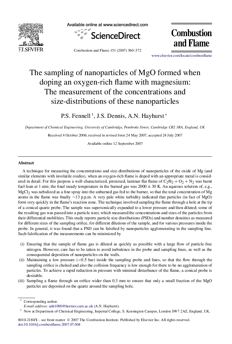 The sampling of nanoparticles of MgO formed when doping an oxygen-rich flame with magnesium: The measurement of the concentrations and size-distributions of these nanoparticles