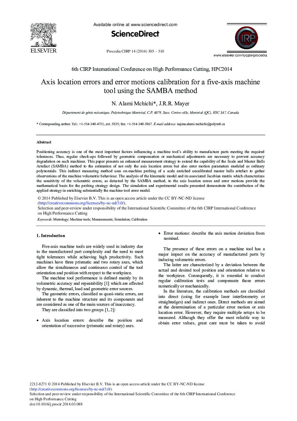 Axis Location Errors and Error Motions Calibration for a Five-axis Machine Tool Using the SAMBA Method