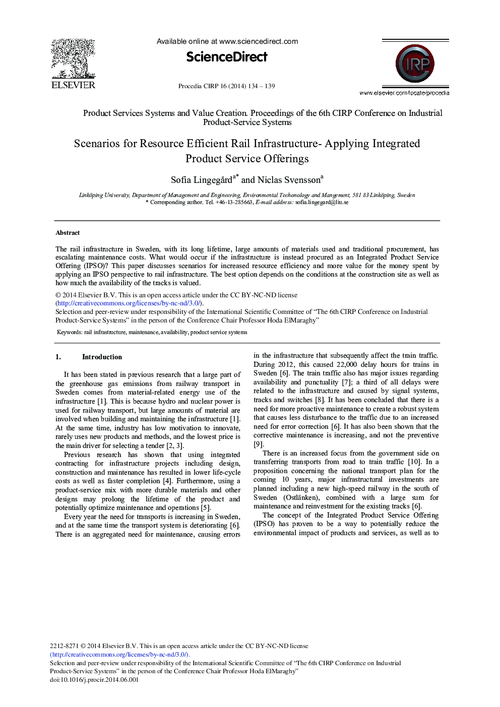 Scenarios for Resource Efficient Rail Infrastructure – Applying Integrated Product Service Offerings 