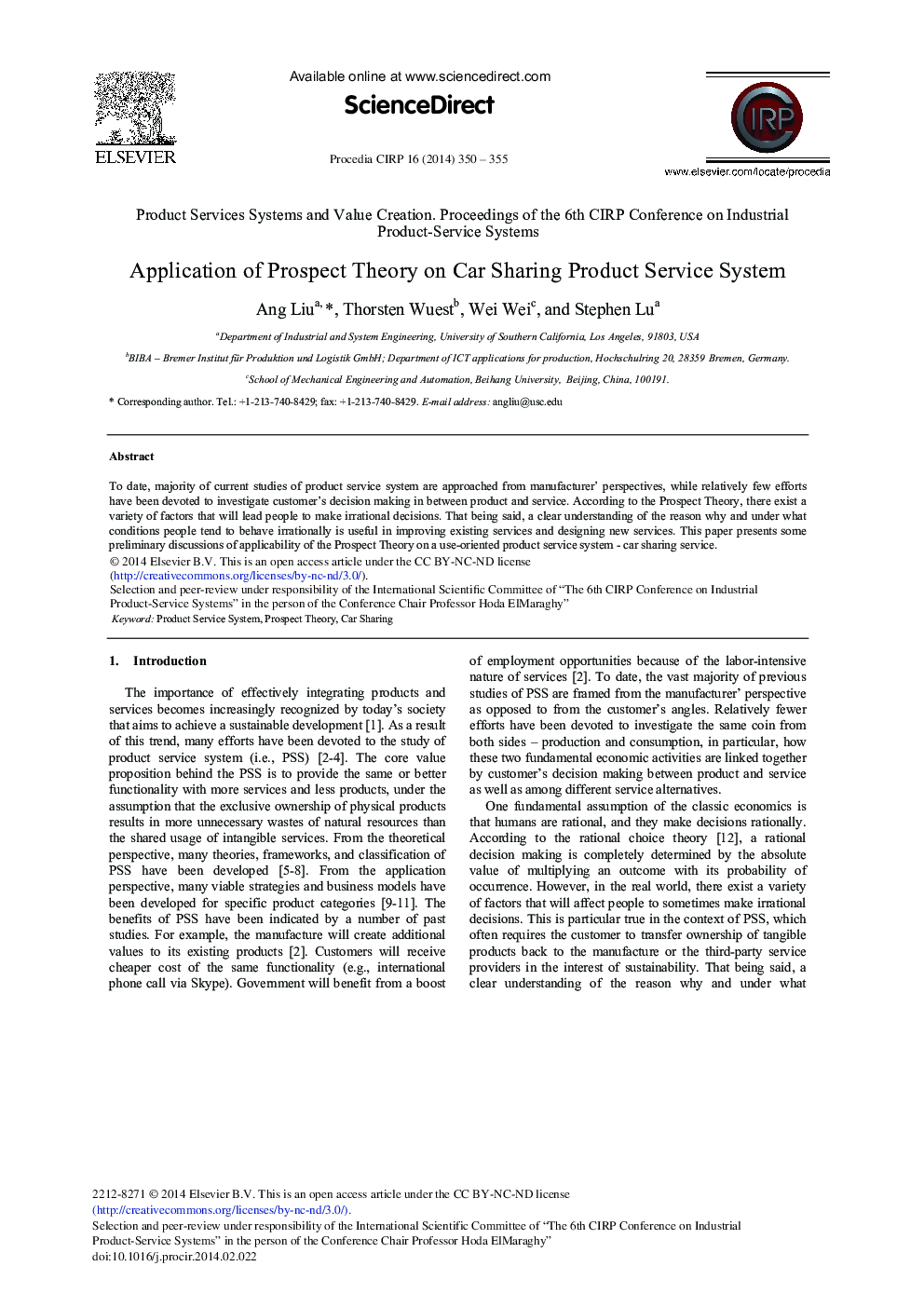 Application of Prospect Theory on Car Sharing Product Service System 