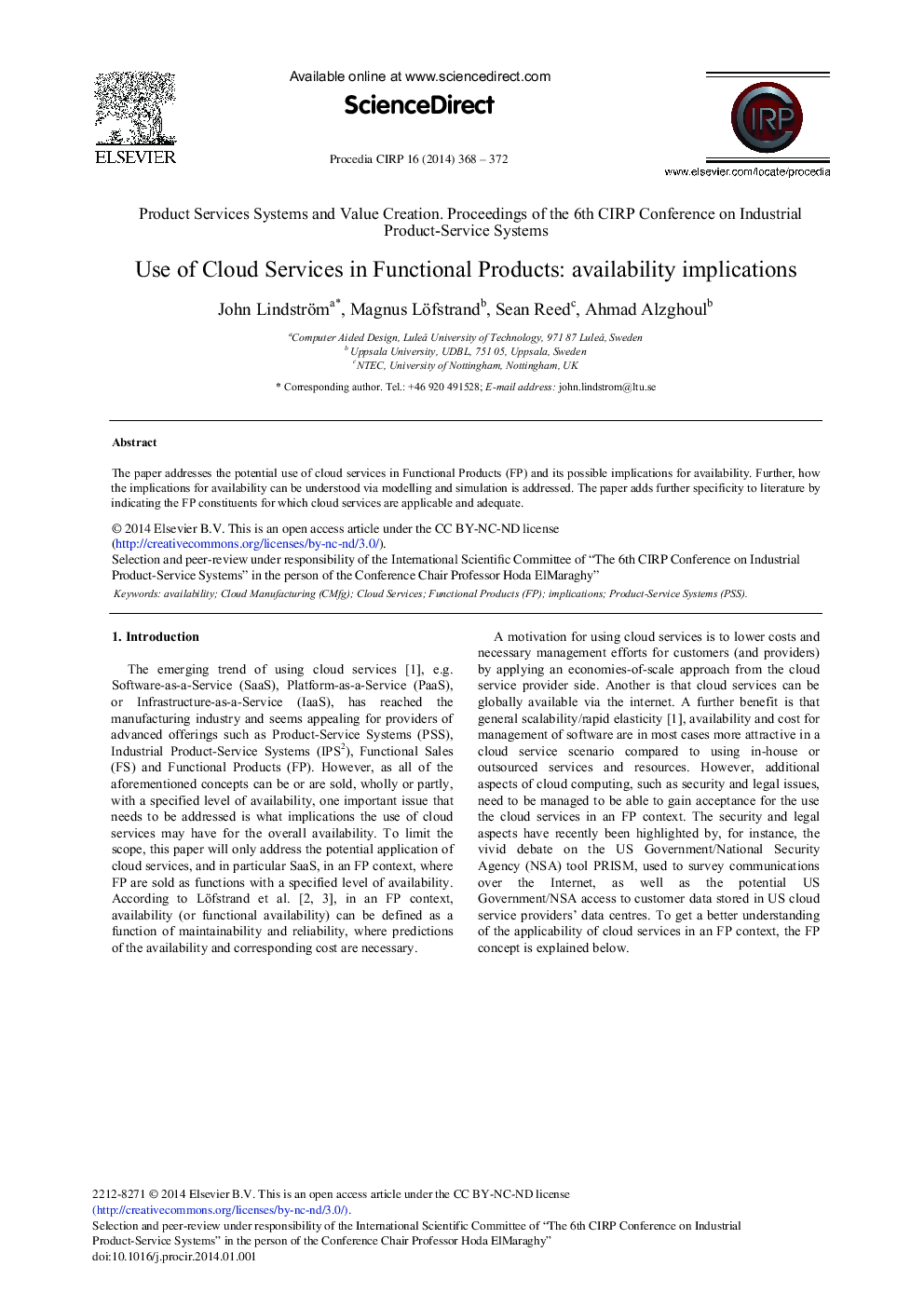 Use of Cloud Services in Functional Products: Availability Implications 