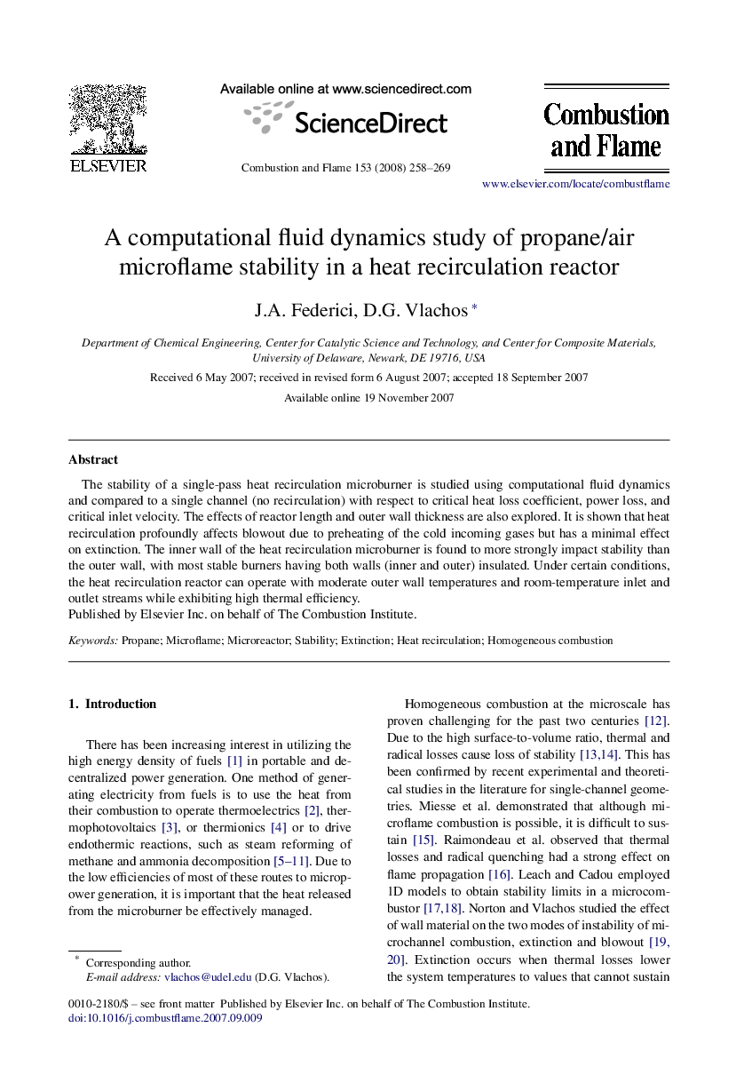 A computational fluid dynamics study of propane/air microflame stability in a heat recirculation reactor