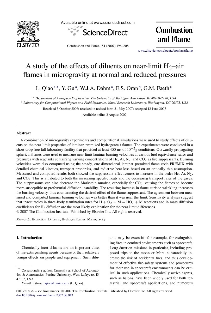 A study of the effects of diluents on near-limit H2–air flames in microgravity at normal and reduced pressures