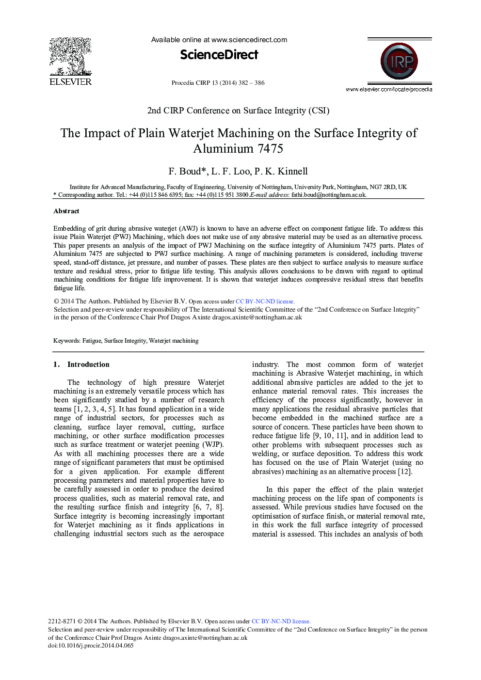 The Impact of Plain Waterjet Machining on the Surface Integrity of Aluminium 7475