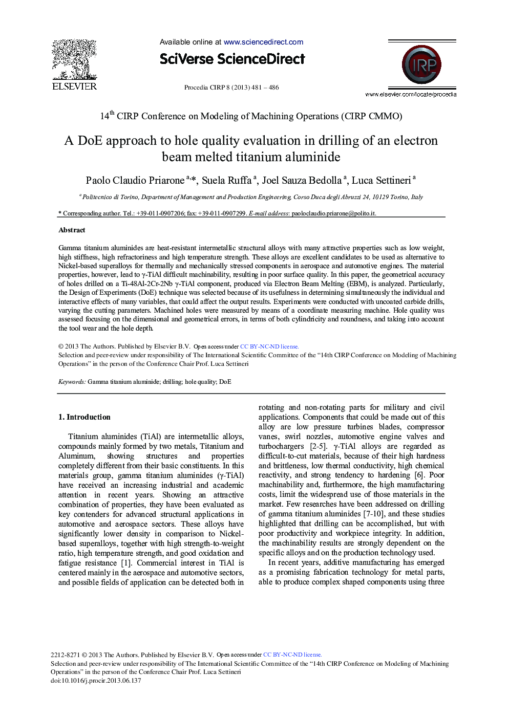 A DoE Approach to Hole Quality Evaluation in Drilling of an Electron Beam Melted Titanium Aluminide