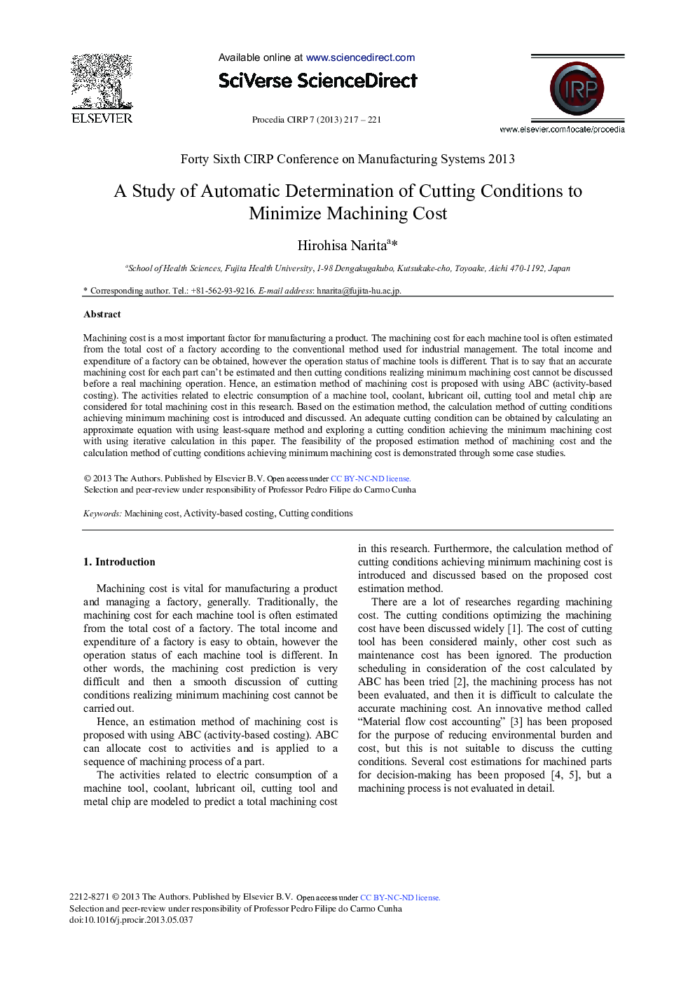 A Study of Automatic Determination of Cutting Conditions to Minimize Machining Cost 